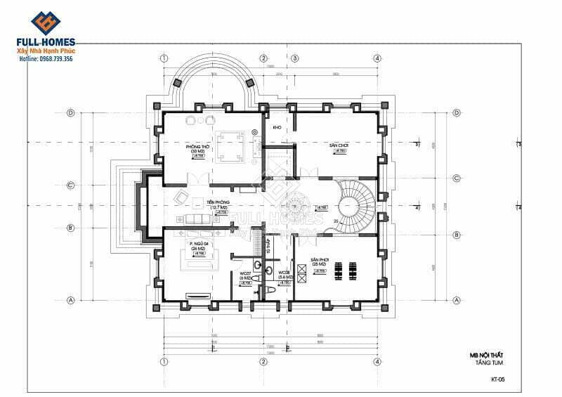 Mặt bằng tầng tum biệt thự tân cổ điển chóp chuông