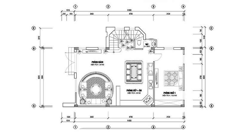 Biệt thự 1 trệt 1 lầu với 4 phòng ngủ có tầng 1 được thiết kế mở với khách, bếp và ăn liên thông với nhau.