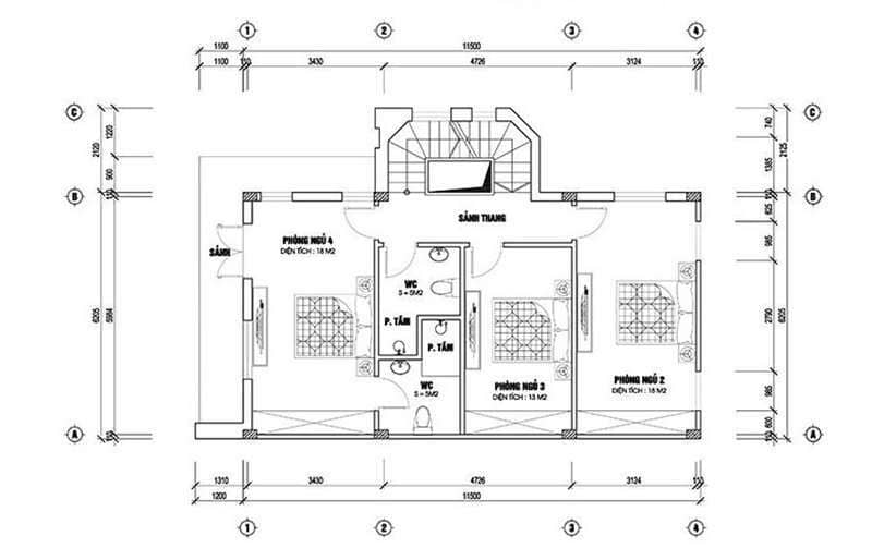 Bản vẽ tầng 2 mẫu biệt thự 2 tầng 4 phòng ngủ