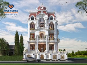 Mẫu lâu đài 4 tầng với mái Mansard và chóp chuông đỏ phá cách